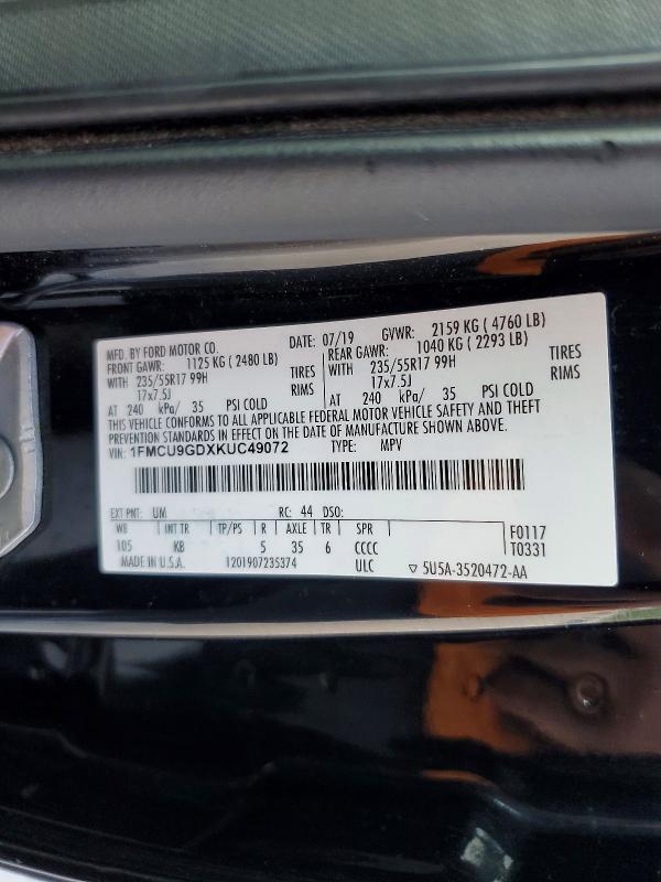 54192936 :رقم المزاد ، 1FMCU9GDXKUC49072 vin ، 2019 Ford Escape مزاد بيع