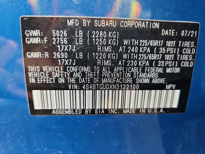 Продажа на аукционе авто 2022 Subaru Outback, vin: 4S4BTGUDXN3122100, номер лота: 53829726