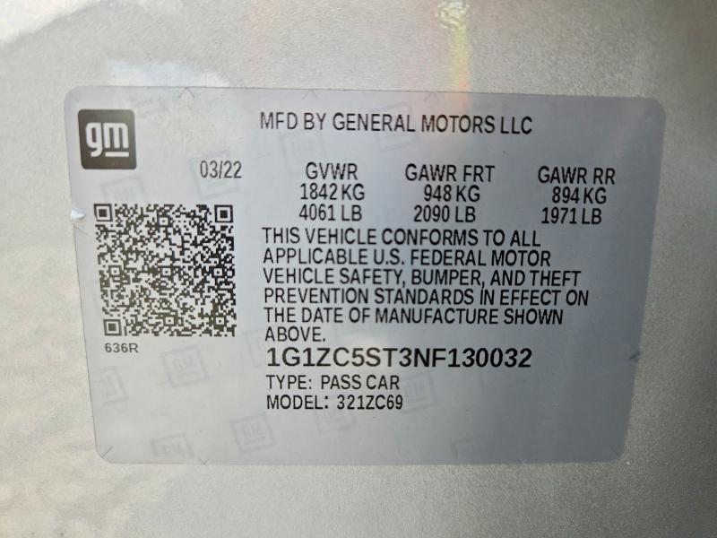 Продаж на аукціоні авто 2022 Chevrolet Malibu, vin: 1G1ZC5ST3NF130032, номер лоту: 53658596