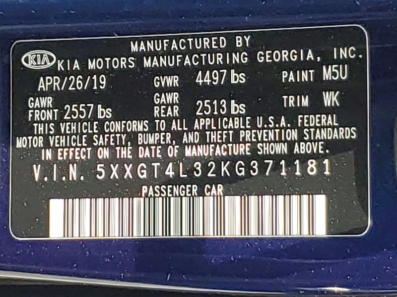 53820996 :رقم المزاد ، 5XXGT4L32KG371181 vin ، 2019 Kia Optima مزاد بيع