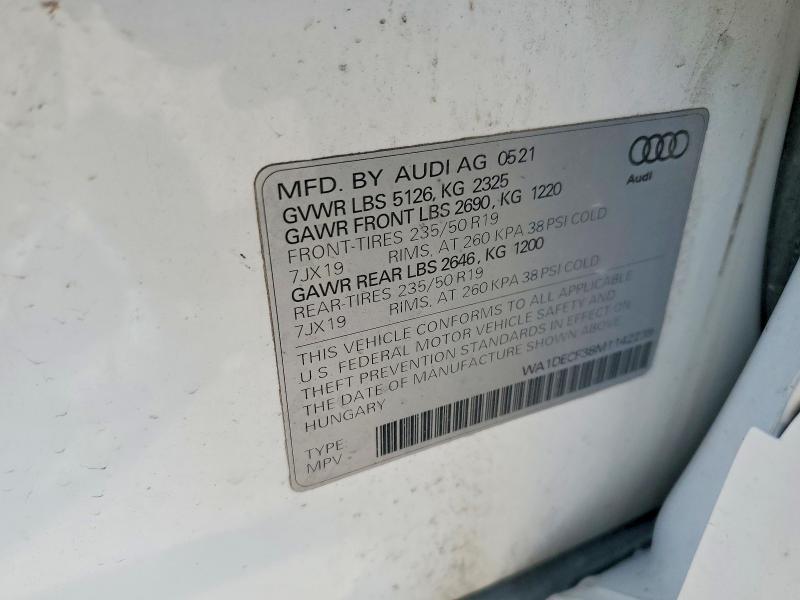 52777606 :رقم المزاد ، WA1DECF38M1142239 vin ، 2021 Audi Q3 مزاد بيع