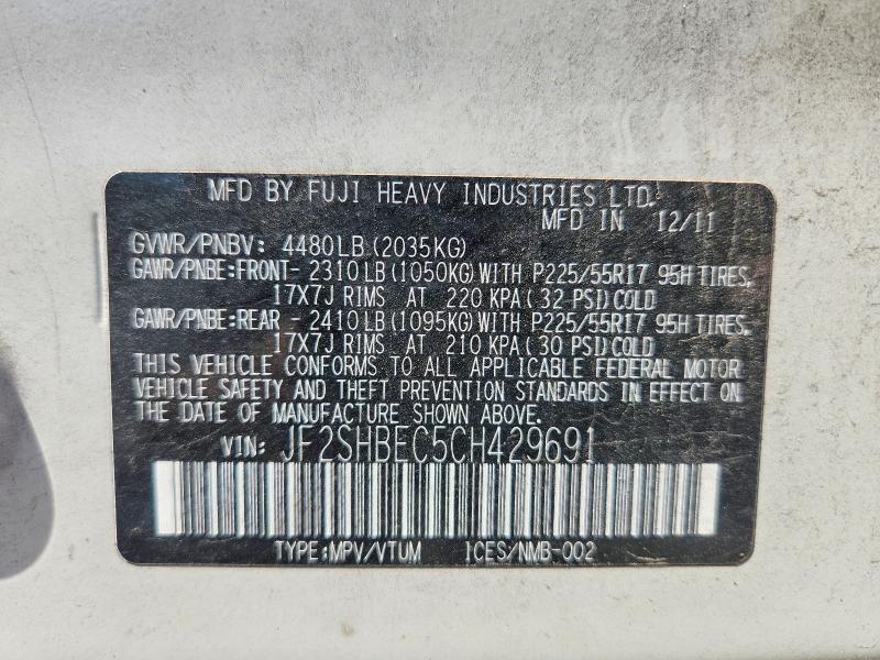 53419886 :رقم المزاد ، JF2SHBEC5CH429691 vin ، 2012 Subaru Forester مزاد بيع