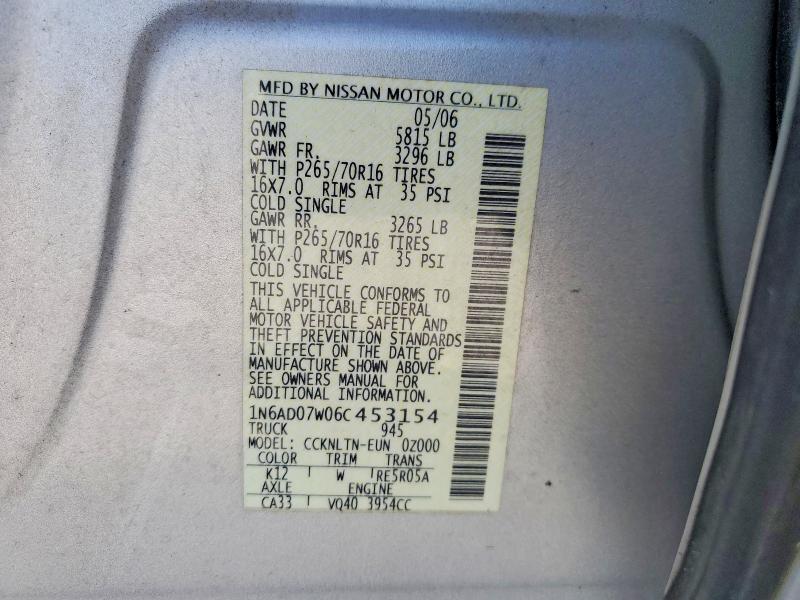 2006 Nissan Frontier მანქანა იყიდება აუქციონზე, vin: 1N6AD07W06C453154, აუქციონის ნომერი: 53744556