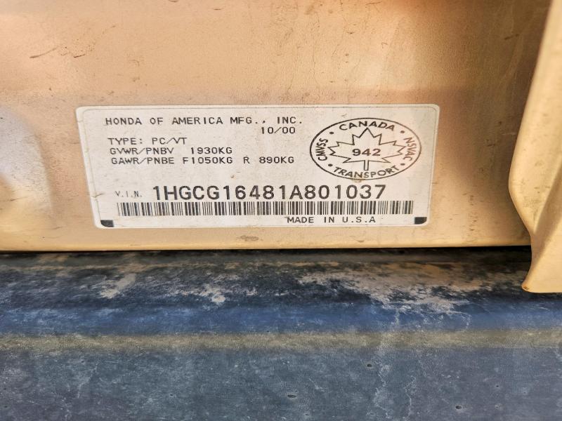 Продажа на аукционе авто 2001 Honda Accord, vin: 1HGCG16481A801037, номер лота: 53161366