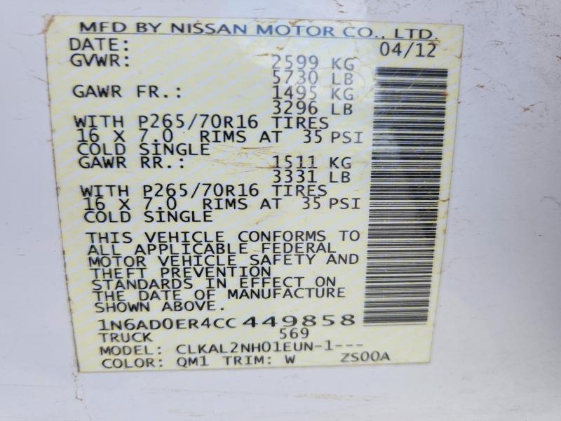 2012 Nissan Frontier მანქანა იყიდება აუქციონზე, vin: 1N6AD0ER4CC449858, აუქციონის ნომერი: 53944366