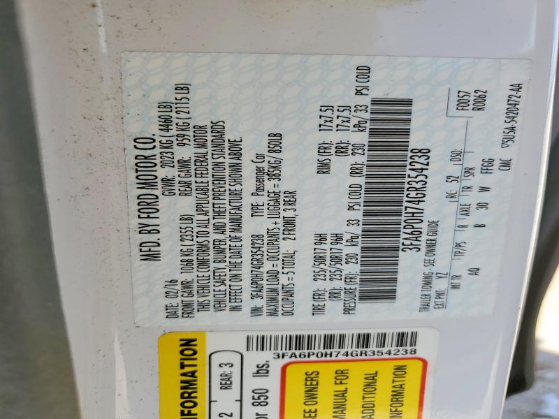 54794076 :رقم المزاد ، 3FA6P0H74GR354238 vin ، 2016 Ford Fusion مزاد بيع