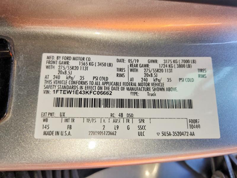 Aukcja sprzedaży 2019 Ford F150, vin: 1FTEW1E43KFC06662, numer aukcji: 52879536