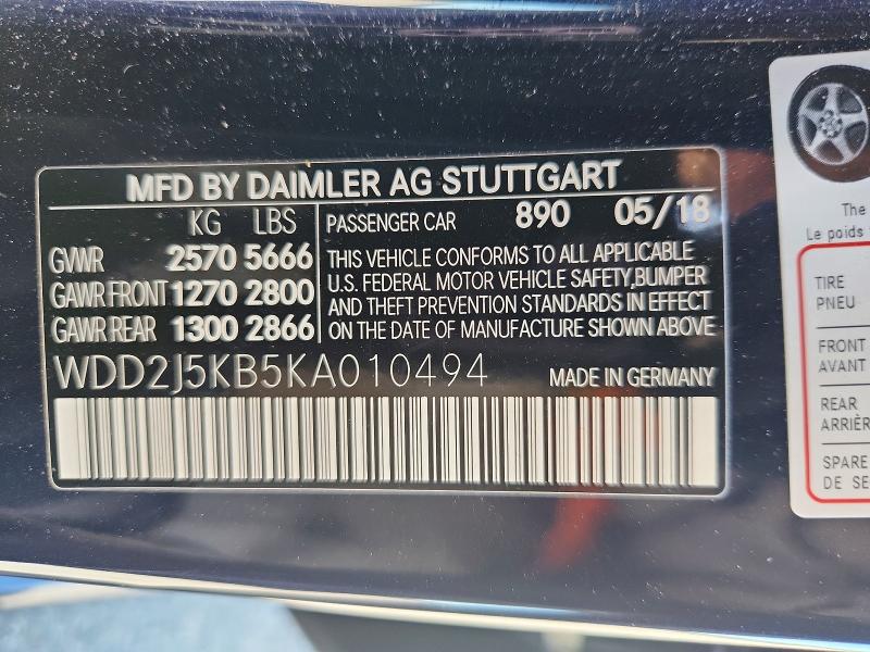 55302506 :رقم المزاد ، WDD2J5KB5KA010494 vin ، 2019 Mercedes-benz Cls مزاد بيع