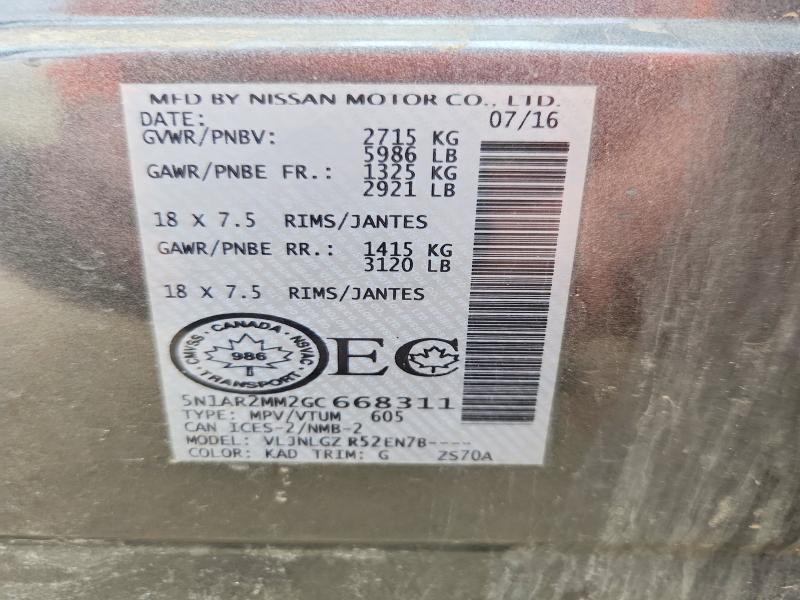 Aukcja sprzedaży 2016 Nissan Pathfinder, vin: 5N1AR2MM2GC668311, numer aukcji: 54172266