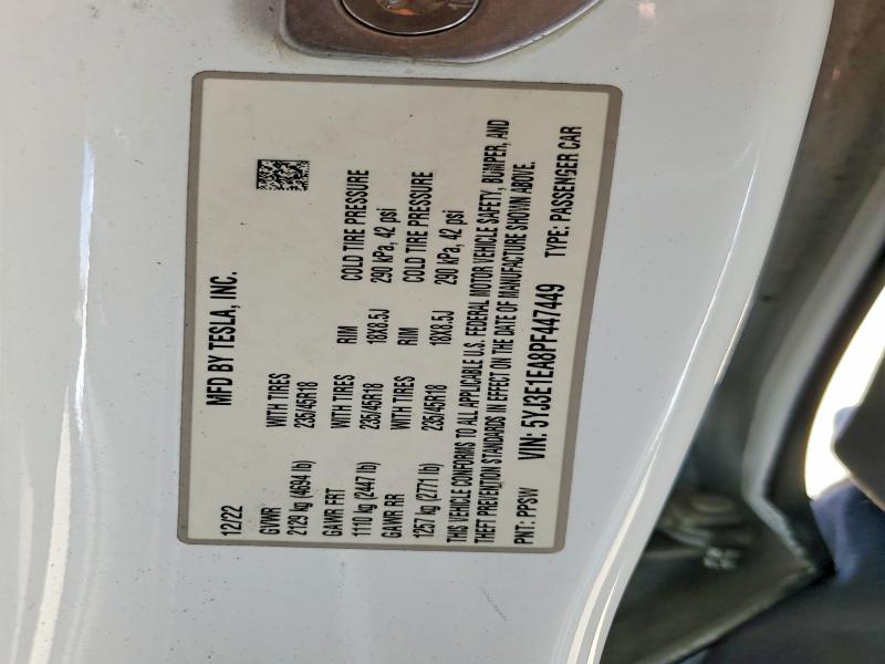 2023 Tesla Model 3 მანქანა იყიდება აუქციონზე, vin: 5YJ3E1EA8PF447449, აუქციონის ნომერი: 54135396