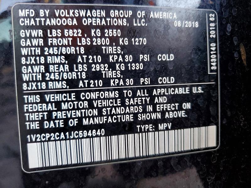 2018 Volkswagen Atlas მანქანა იყიდება აუქციონზე, vin: 1V2CP2CA1JC594640, აუქციონის ნომერი: 54662026