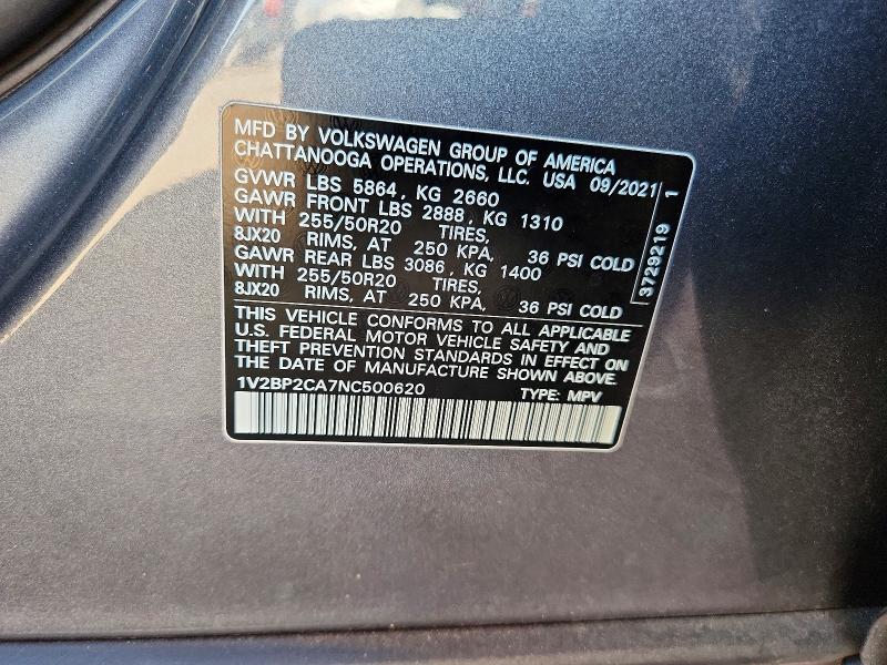 2022 Volkswagen Atlas მანქანა იყიდება აუქციონზე, vin: 1V2BP2CA7NC500620, აუქციონის ნომერი: 53540346