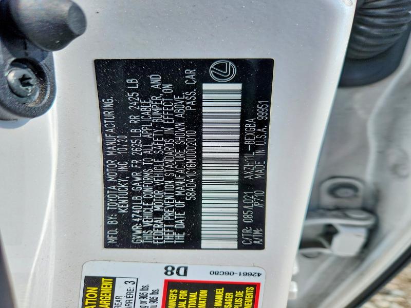 Aukcja sprzedaży 2021 Lexus Es, vin: 58ADA1C16MU002010, numer aukcji: 52876536
