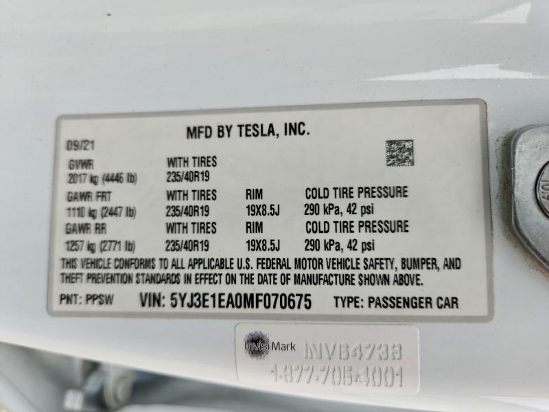 76612145 :رقم المزاد ، 5YJ3E1EA0MF070675 vin ، 2021 Tesla Model 3 مزاد بيع