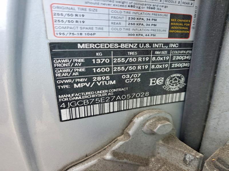 2007 Mercedes-benz R მანქანა იყიდება აუქციონზე, vin: 4JGCB75E27A057028, აუქციონის ნომერი: 53389646