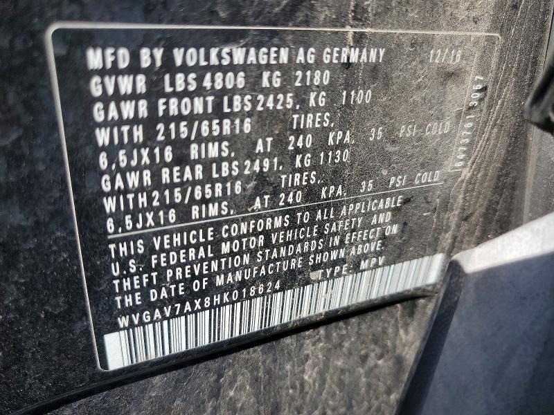 Aukcja sprzedaży 2017 Volkswagen Tiguan, vin: WVGAV7AX8HK018624, numer aukcji: 53316556
