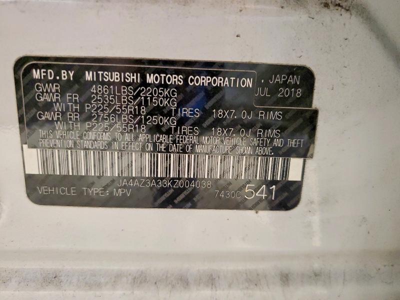 2019 Mitsubishi Outlander მანქანა იყიდება აუქციონზე, vin: JA4AZ3A33KZ004038, აუქციონის ნომერი: 54007426