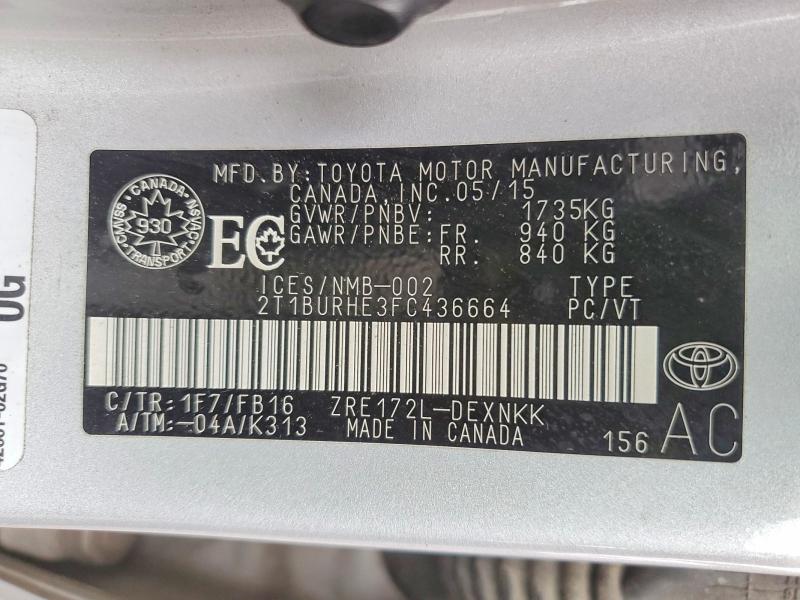 Продаж на аукціоні авто 2015 Toyota Corolla, vin: 2T1BURHE3FC436664, номер лоту: 52186816