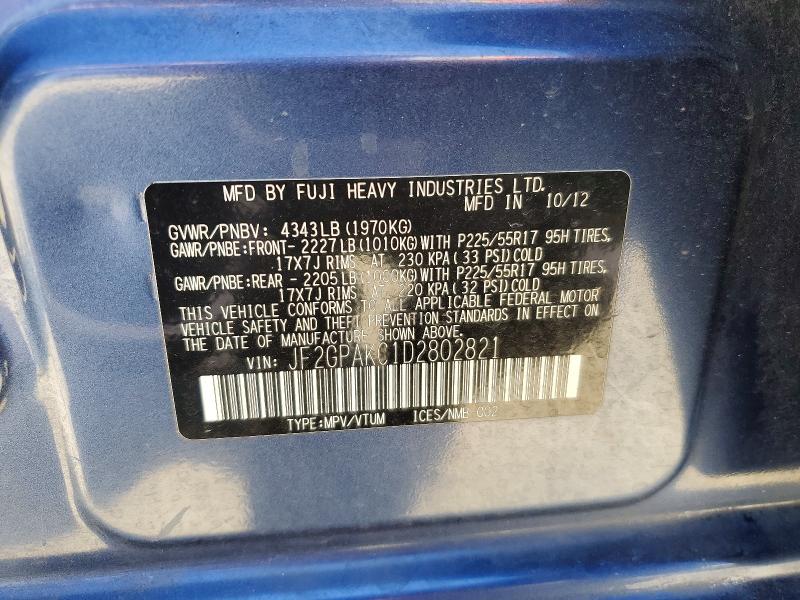 2013 Subaru Xv Crosstrek მანქანა იყიდება აუქციონზე, vin: JF2GPAKC1D2802821, აუქციონის ნომერი: 53237146