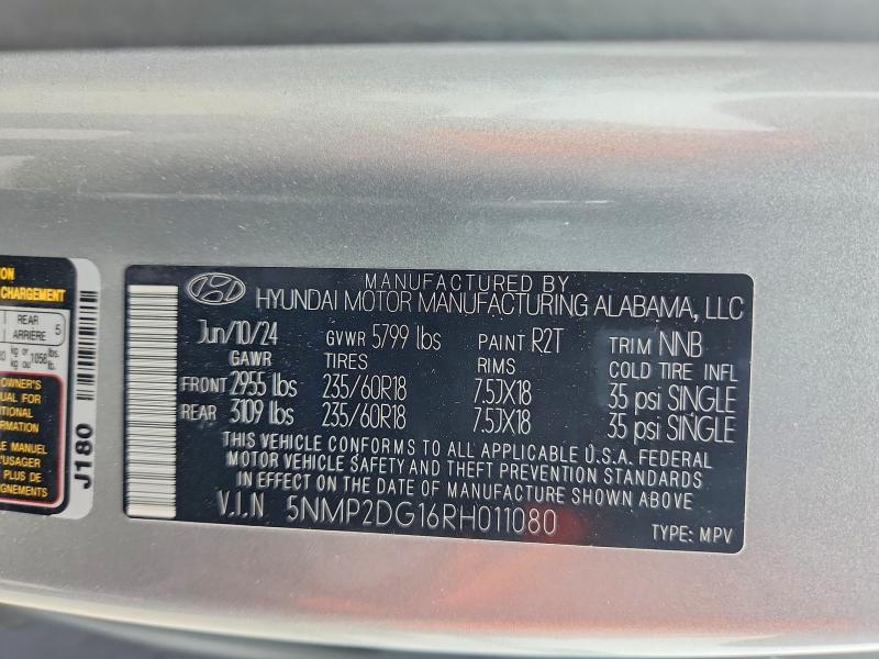 2024 Hyundai Santa Fe მანქანა იყიდება აუქციონზე, vin: 5NMP2DG16RH011080, აუქციონის ნომერი: 53246416