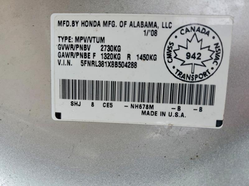 Продаж на аукціоні авто 2008 Honda Odyssey, vin: 5FNRL381X8B504288, номер лоту: 51420276
