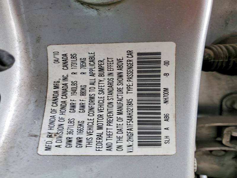 2010 Honda Civic მანქანა იყიდება აუქციონზე, vin: 2HGFA1F54AH321845, აუქციონის ნომერი: 54657816