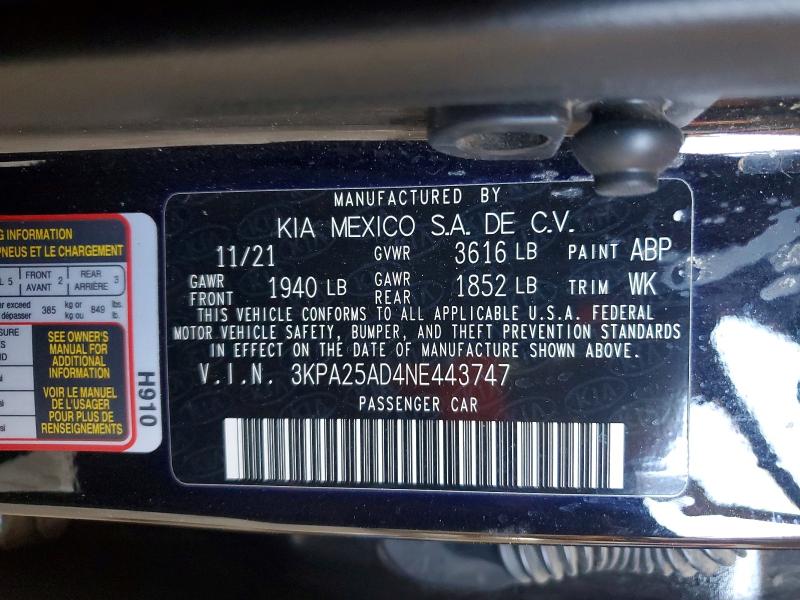 Aukcja sprzedaży 2022 Kia Rio, vin: 3KPA25AD4NE443747, numer aukcji: 54694026