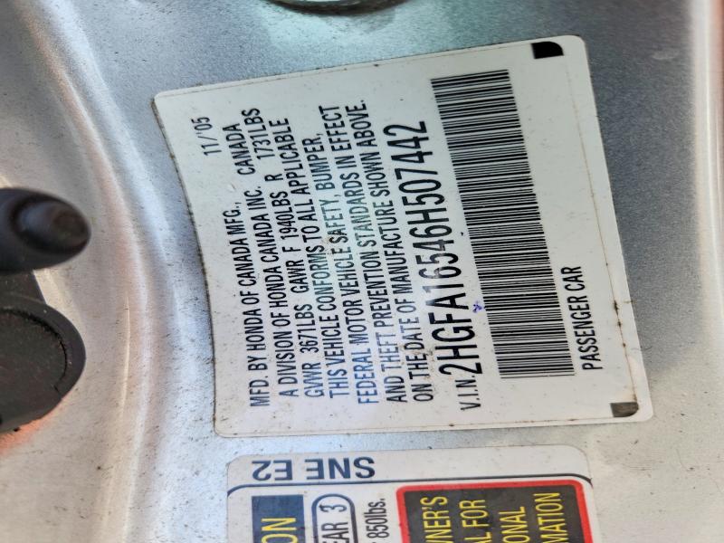 2006 Honda Civic მანქანა იყიდება აუქციონზე, vin: 2HGFA16546H507442, აუქციონის ნომერი: 54224646