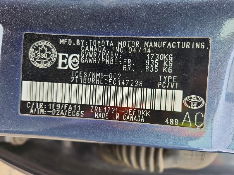2014 Toyota Corolla მანქანა იყიდება აუქციონზე, vin: 2T1BURHE0EC147238, აუქციონის ნომერი: 53616186