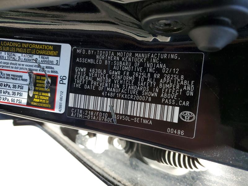 Aukcja sprzedaży 2012 Toyota Camry, vin: 4T4BF1FKXCR200078, numer aukcji: 52944066