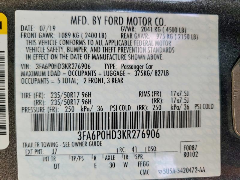 Aukcja sprzedaży 2019 Ford Fusion, vin: 3FA6P0HD3KR276906, numer aukcji: 52019526