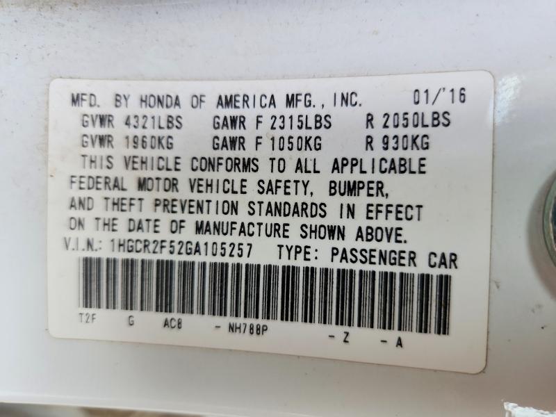 Продаж на аукціоні авто 2016 Honda Accord, vin: 1HGCR2F52GA105257, номер лоту: 52550366