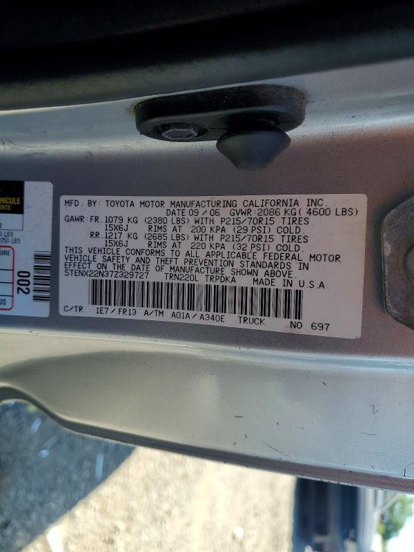 2007 Toyota Tacoma მანქანა იყიდება აუქციონზე, vin: 5TENX22N37Z329727, აუქციონის ნომერი: 53658366