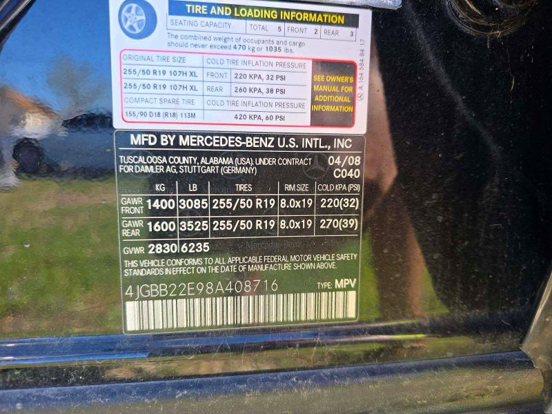 55842716 :رقم المزاد ، 4JGBB22E98A408716 vin ، 2008 Mercedes-benz Ml مزاد بيع
