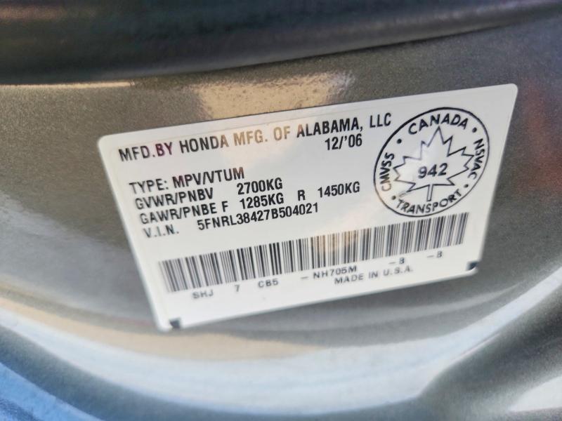 Auction sale of the 2007 Honda Odyssey, vin: 5FNRL38427B504021, lot number: 54909256