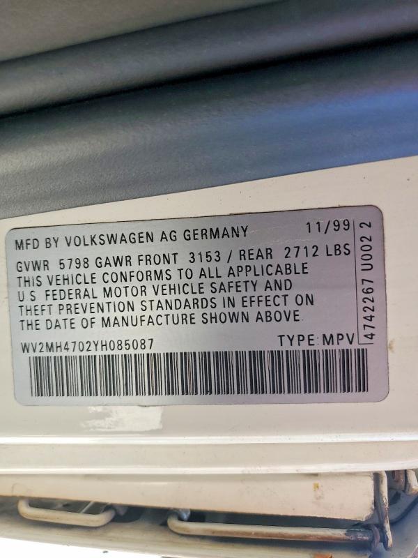 Продажа на аукционе авто 2000 Volkswagen Eurovan, vin: WV2MH4702YH085087, номер лота: 55110746