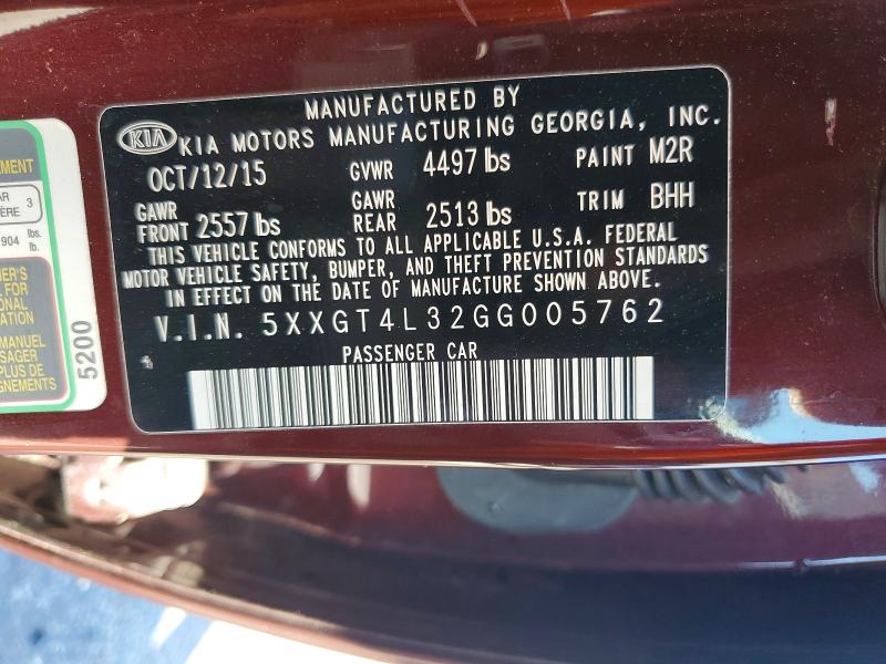 Продажа на аукционе авто 2016 Kia Optima, vin: 5XXGT4L32GG005762, номер лота: 51618786