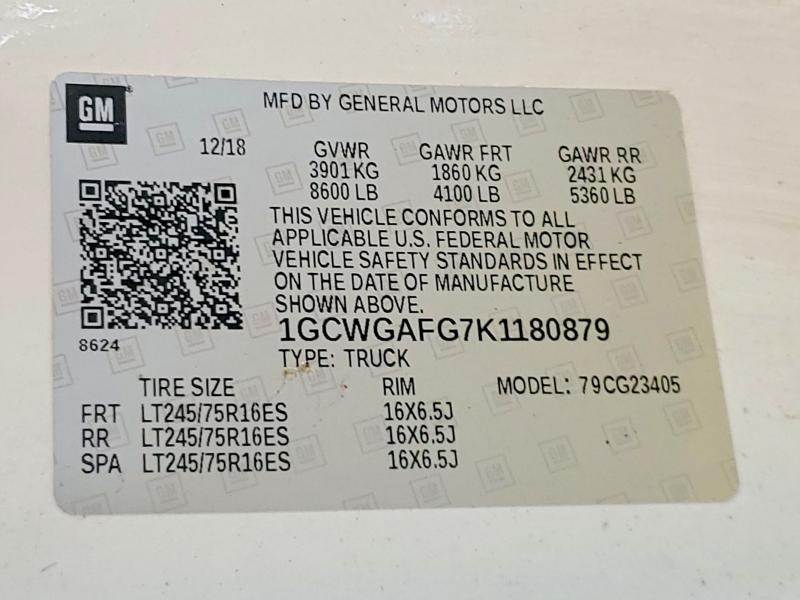 Продаж на аукціоні авто 2019 Chevrolet Express G2500, vin: 1GCWGAFG7K1180879, номер лоту: 53019416