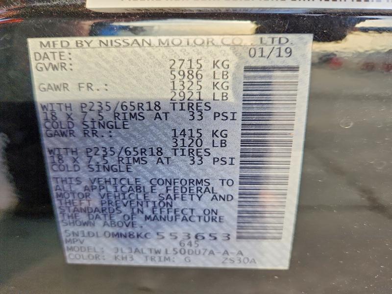 Aukcja sprzedaży 2019 Infiniti Qx60, vin: 5N1DL0MN8KC553653, numer aukcji: 52907376