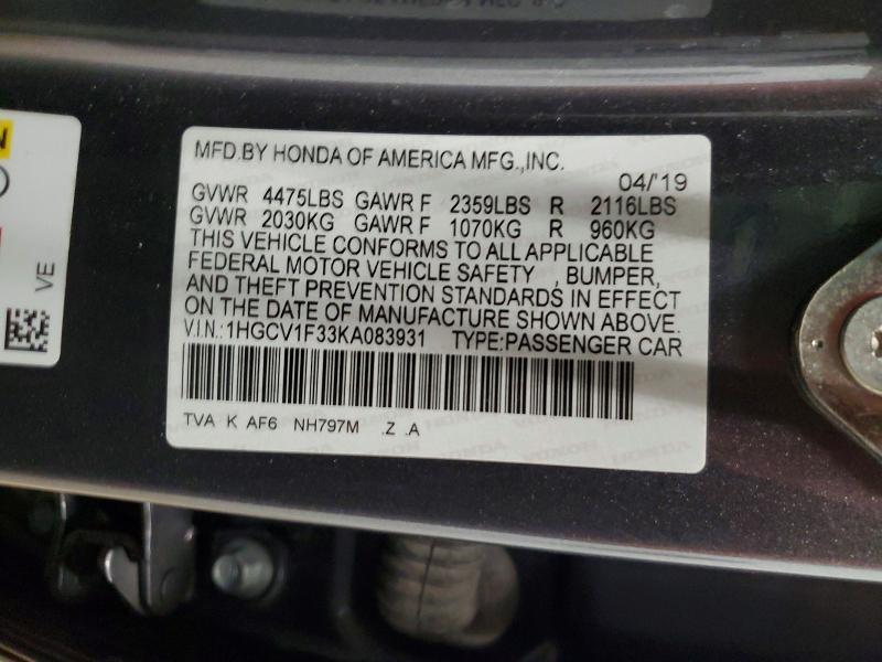 Продаж на аукціоні авто 2019 Honda Accord, vin: 1HGCV1F33KA083931, номер лоту: 53170706