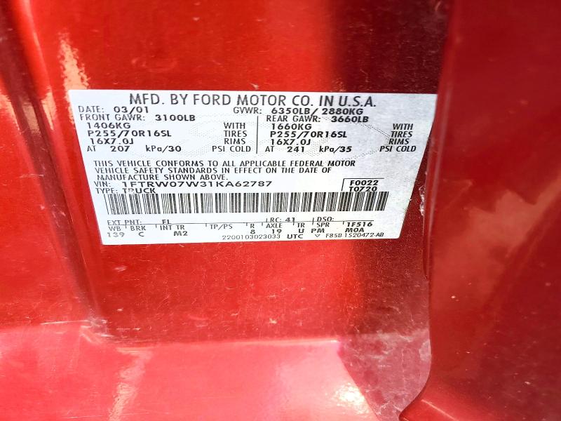 Aukcja sprzedaży 2001 Ford F150, vin: 1FTRW07W31KA62787, numer aukcji: 53377006