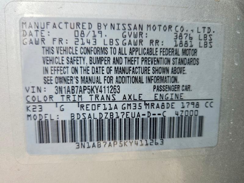 Auction sale of the 2019 Nissan Sentra, vin: 3N1AB7AP5KY411263, lot number: 54135606