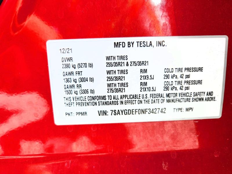 55452056 :رقم المزاد ، 7SAYGDEF0NF342742 vin ، 2022 Tesla Model Y مزاد بيع
