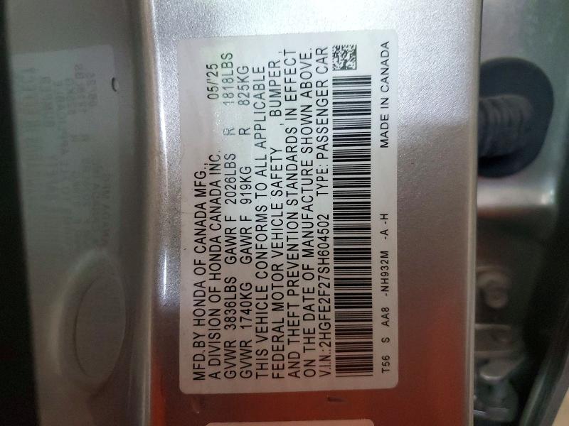 55223106 :رقم المزاد ، 2HGFE2F27SH604502 vin ، 2025 Honda Civic مزاد بيع