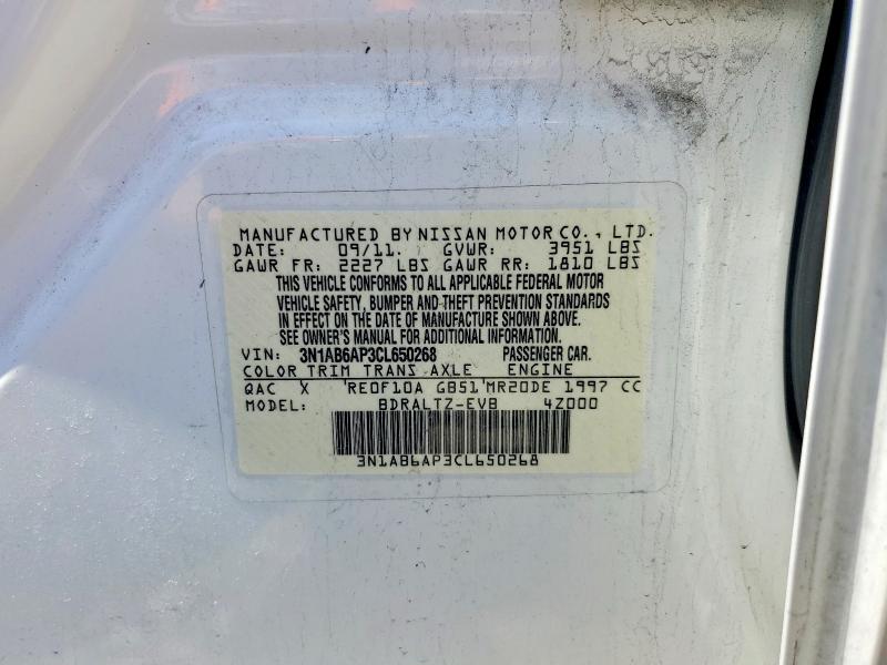 52388156 :رقم المزاد ، 3N1AB6AP3CL650268 vin ، 2012 Nissan Sentra مزاد بيع