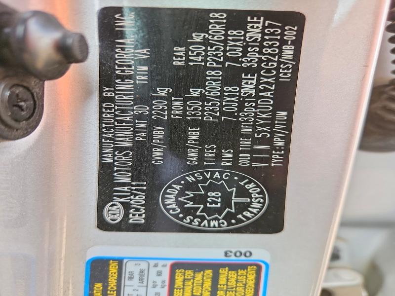 2012 Kia Sorento მანქანა იყიდება აუქციონზე, vin: 5XYKUDA2XCG283137, აუქციონის ნომერი: 54796176
