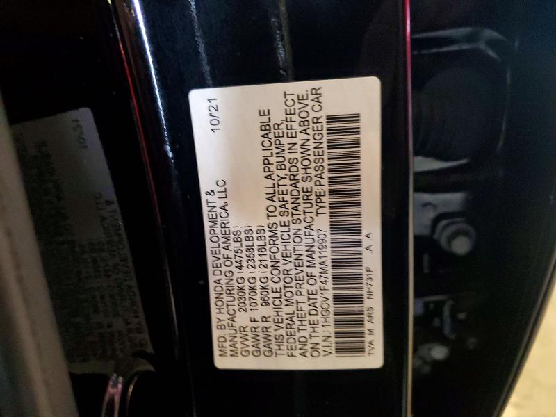 52092916 :رقم المزاد ، 1HGCV1F47MA119907 vin ، 2021 Honda Accord مزاد بيع
