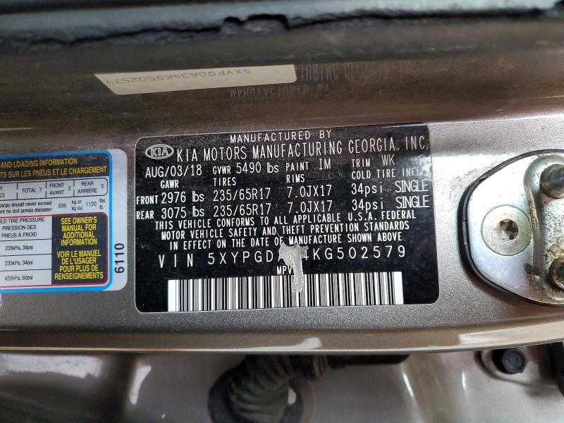 Продаж на аукціоні авто 2019 Kia Sorento, vin: 5XYPGDA34KG502579, номер лоту: 54587906