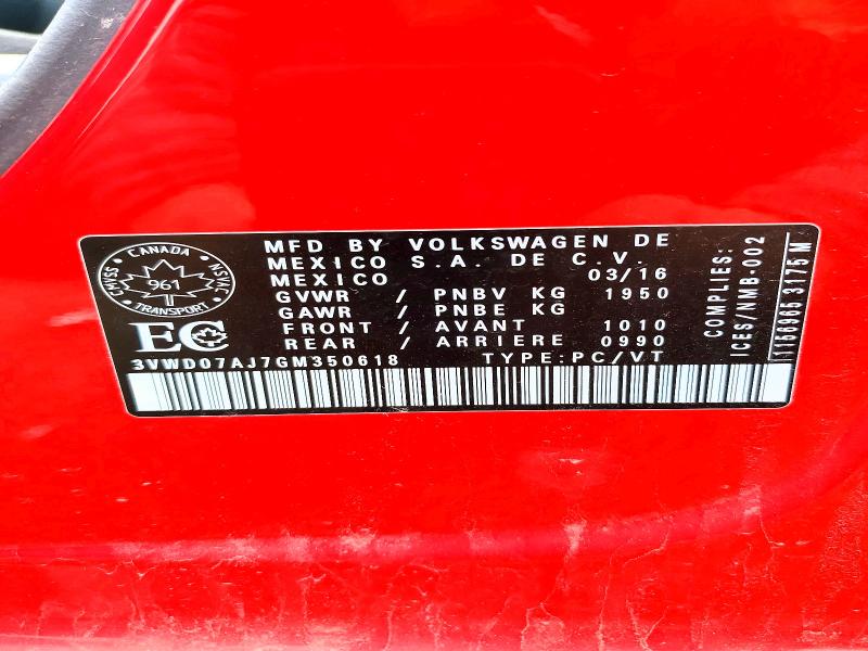 52137186 :رقم المزاد ، 3VWD07AJ7GM350618 vin ، 2016 Volkswagen Jetta مزاد بيع