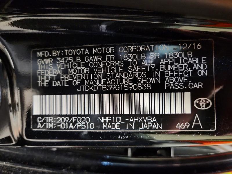 53387286 :رقم المزاد ، JTDKDTB39G1590838 vin ، 2016 Toyota Prius C مزاد بيع